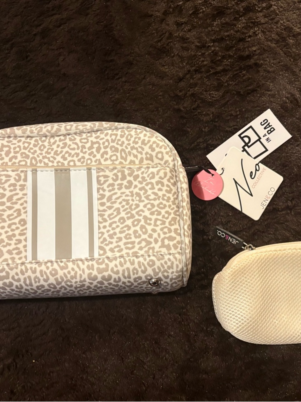 Le Sportsac Beige Leopard Cosmetic Pouch with Stripe Detail